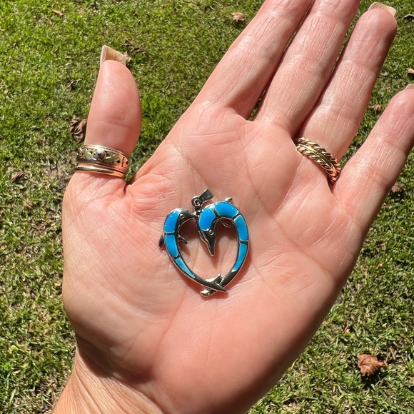 Faux Blue Opal Double Dolphin Heart Pendant 👠 - Picture 10 of 17